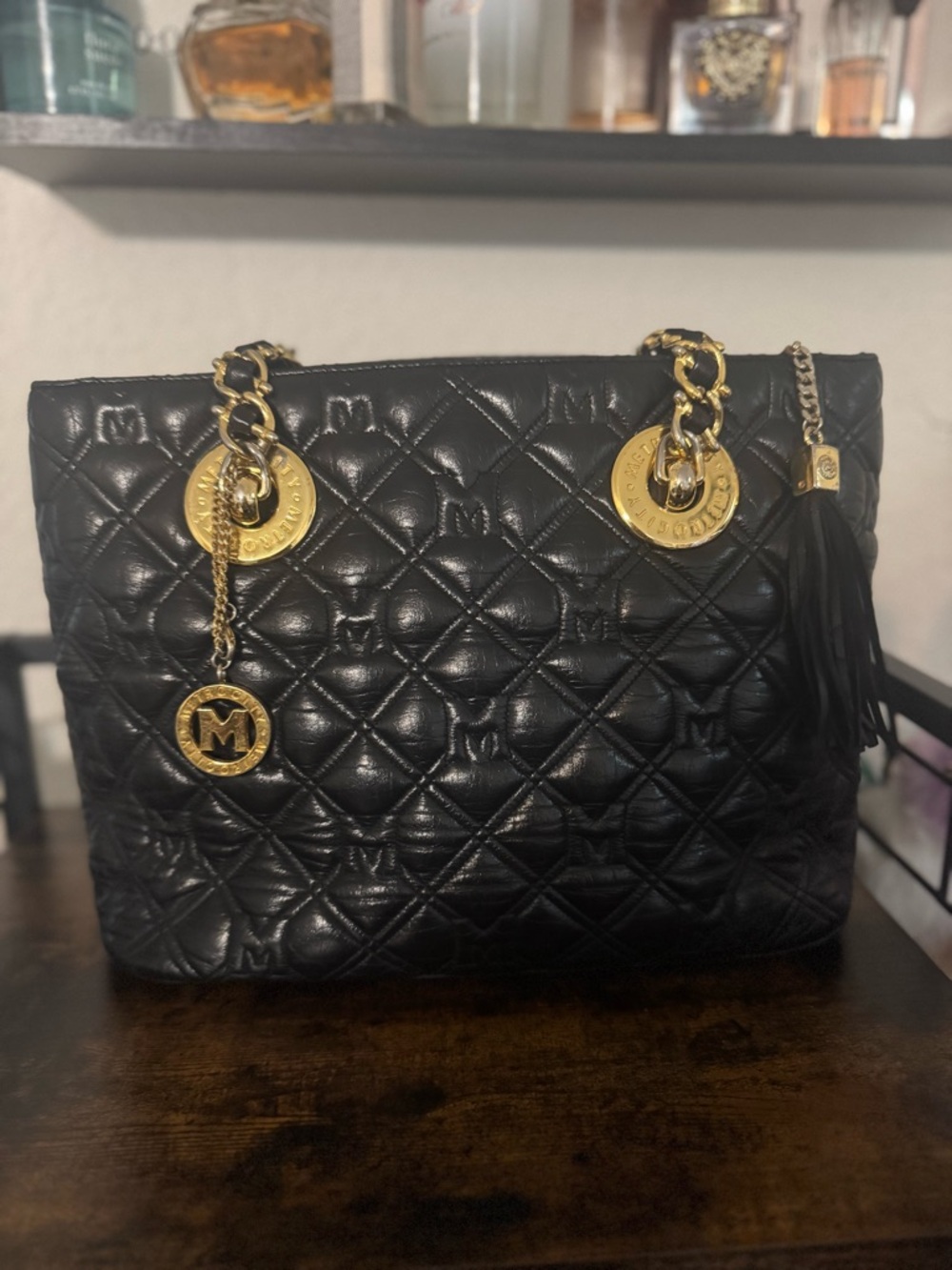 Michael Kors Black Quilted Leather Tote with Gold Chain Accents